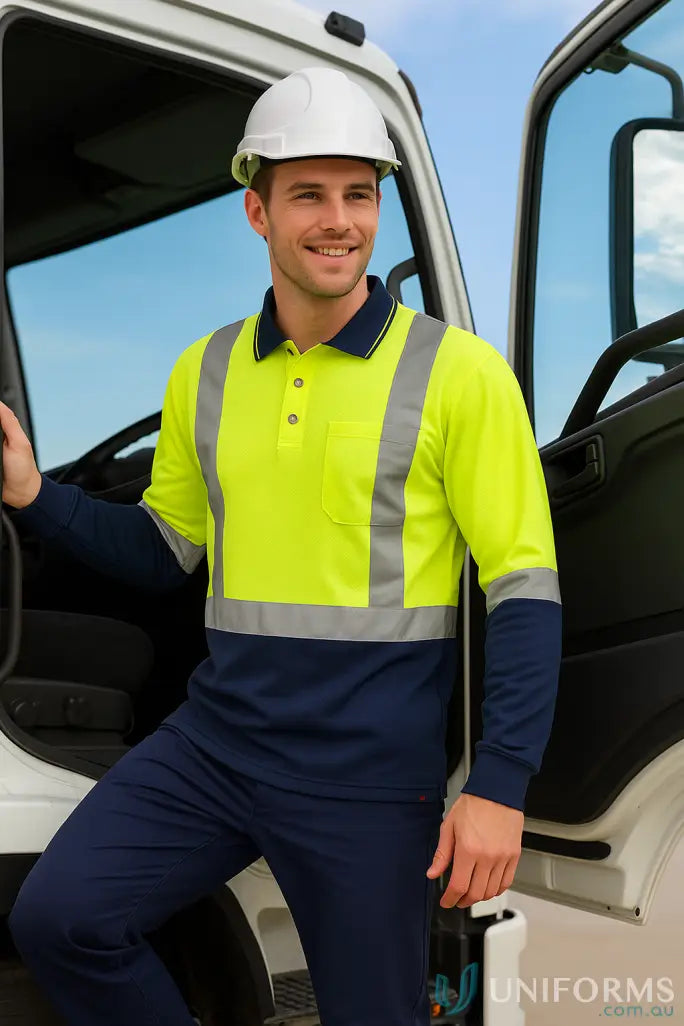 High visibility mens Syzmic Hi Vis Spliced LS Polo with reflective stripes and white hard hat