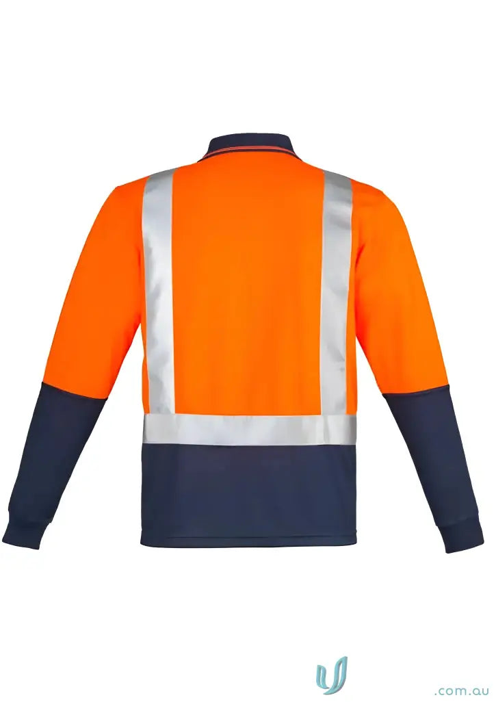 Orange and navy blue vis spliced long sleeve polo with reflective strips for high visibility mens workwear