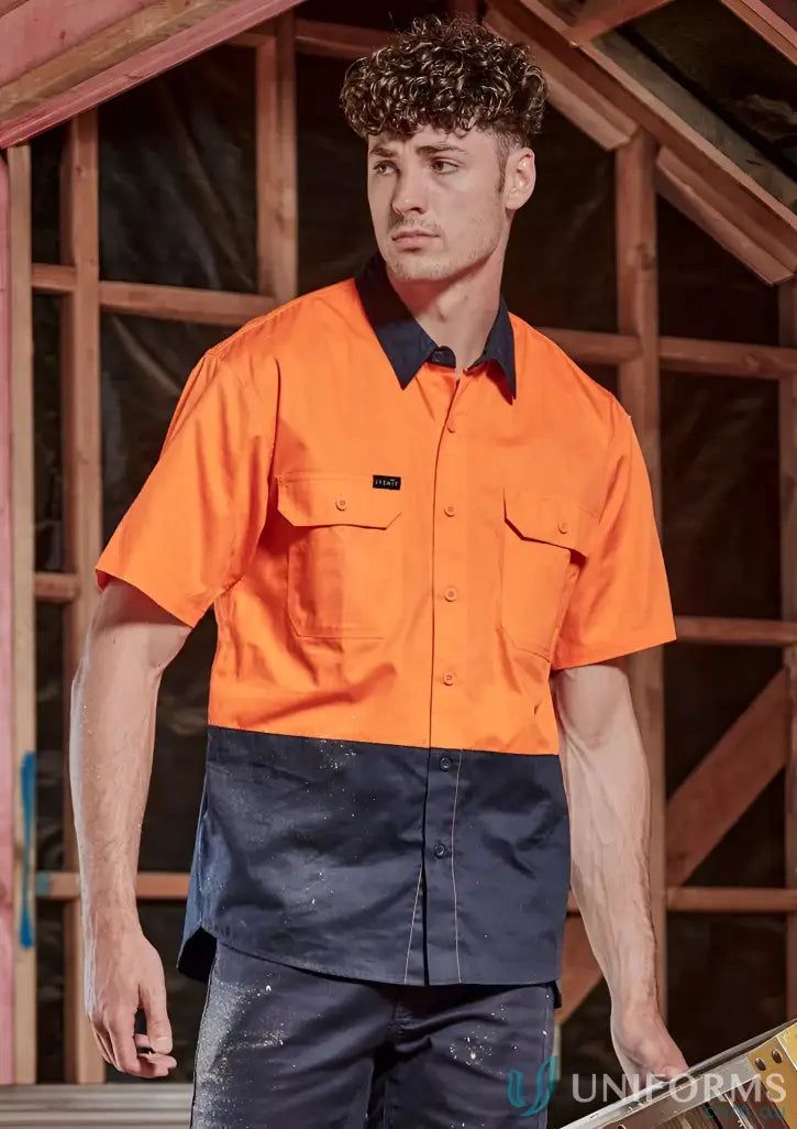 Orange and navy blue Syzmic Hi Vis SS Shirt, breathable cotton work shirt offers comfort