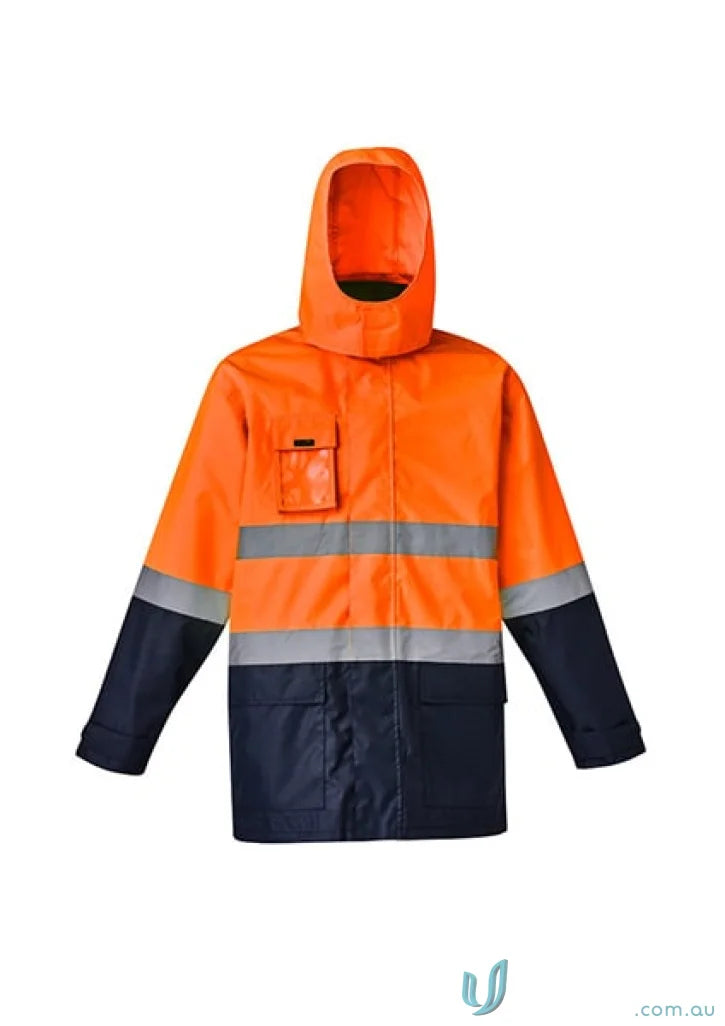Orange and navy Syzmik men’s waterproof jacket ZJ220 with high visibility hood