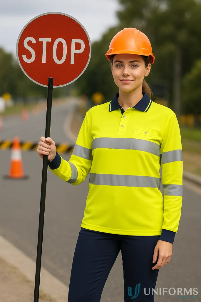 Woman in Syzmik Unisex Bio Motion Taped LS Polo holding stop sign for safety