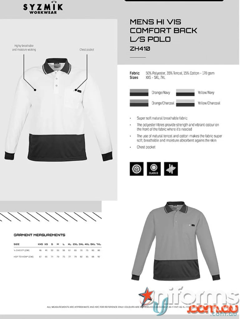 Men’s high visibility long sleeve polo shirt from Syzmic Men’s HiVis Comfort Back LS Polo