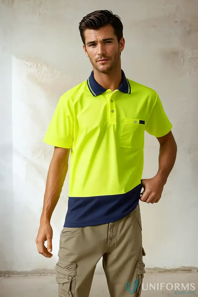 Syzmic Men’s neon yellow polo shirt with navy collar chest pocket stay cool and comfy