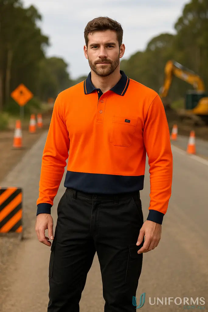 Syzmic Men’s cotton long sleeve polo shirt in orange and navy blue with collar and chest pocket
