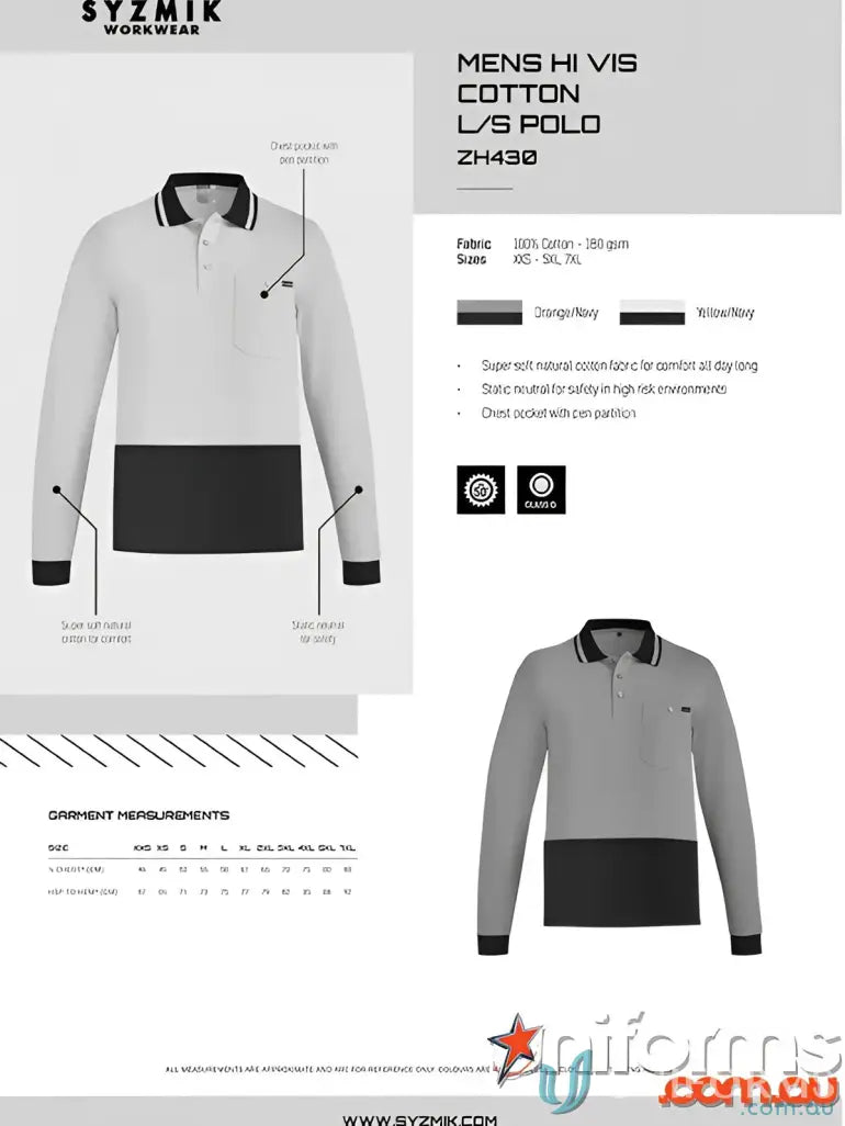 Men’s hi-vis cotton long-sleeve polo shirt, Szyzmik men’s sleeve polo zh430 for safety