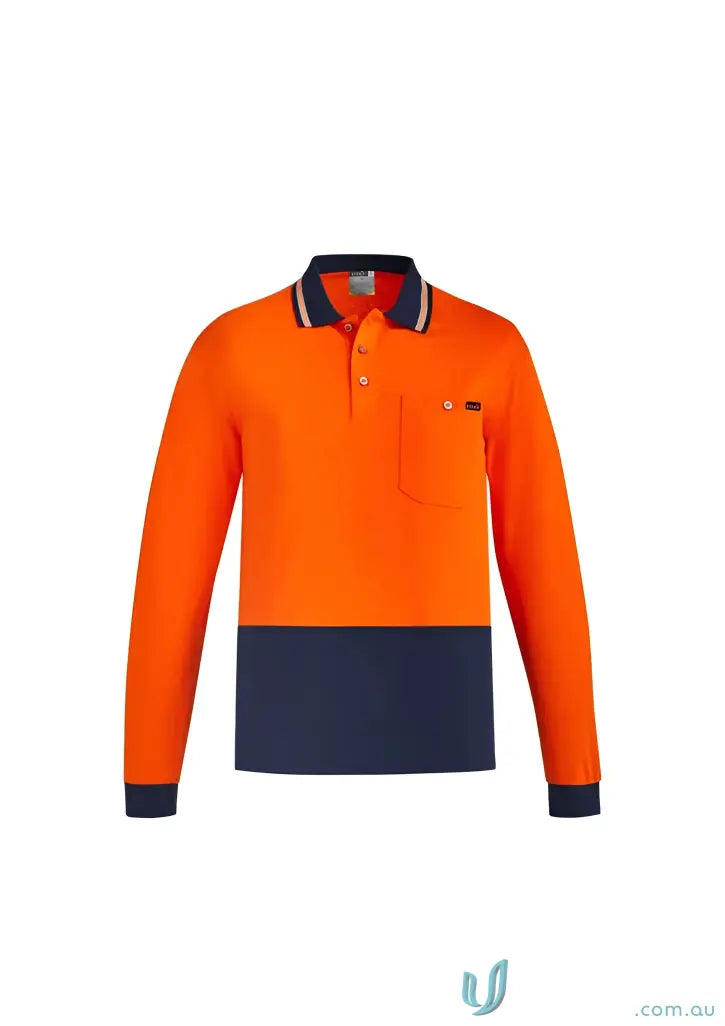 Orange and navy cotton long sleeve polo shirt, Syzmik Men’s Sleeve Polo ZH430