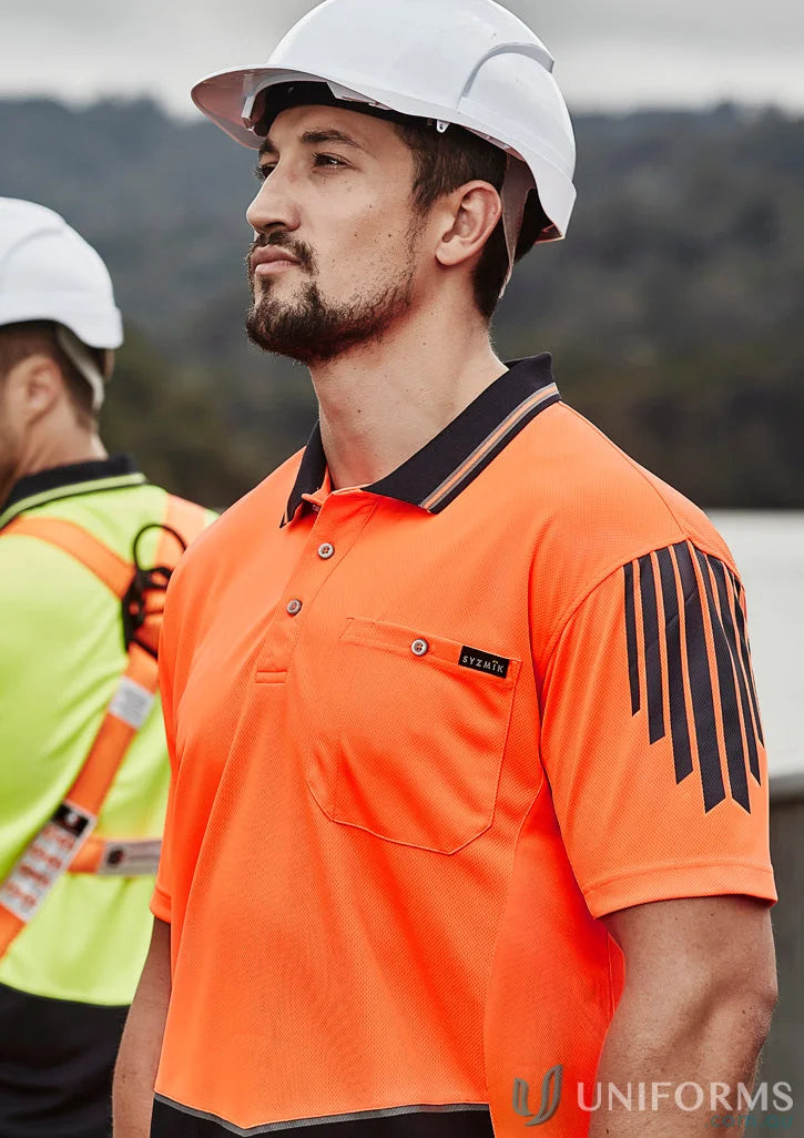 Orange and black flux long sleeve polo shirt from Syzmik Men’s Syzmic HiVis Flux LS Polo