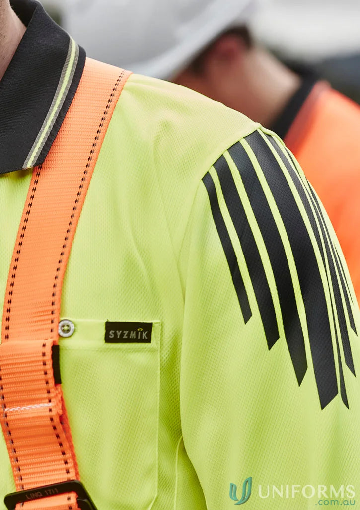 Syzmic Men’s flux long sleeve work polo with black stripes, Model SZH310