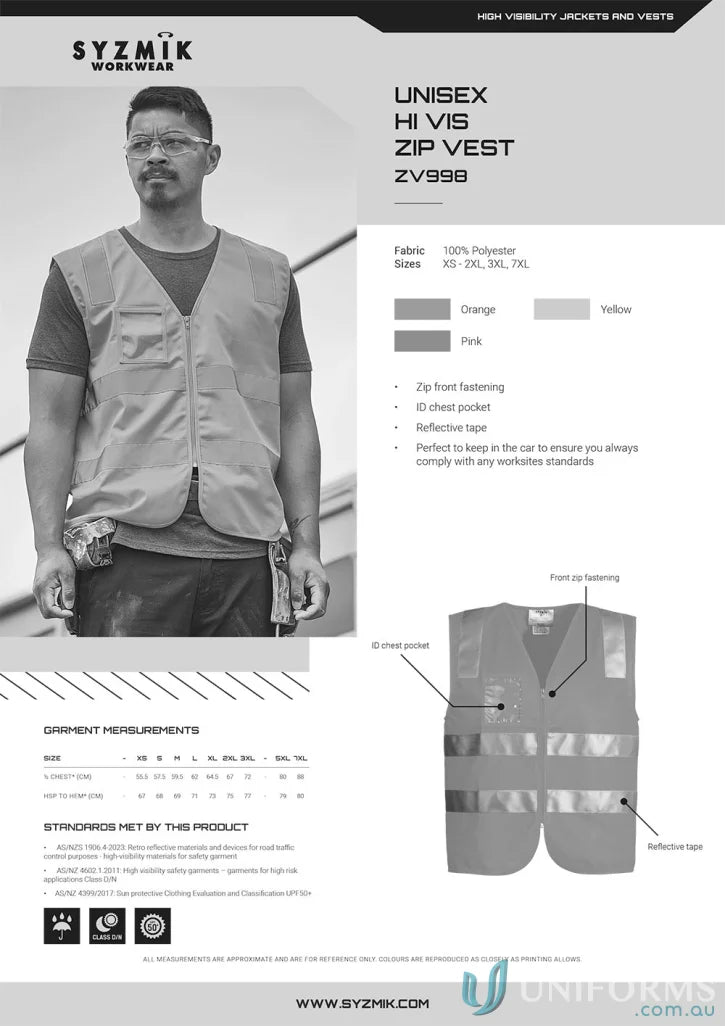 Syzmic Unisex Hi-Vis Full Zip Vest with reflective tape for safety and visibility