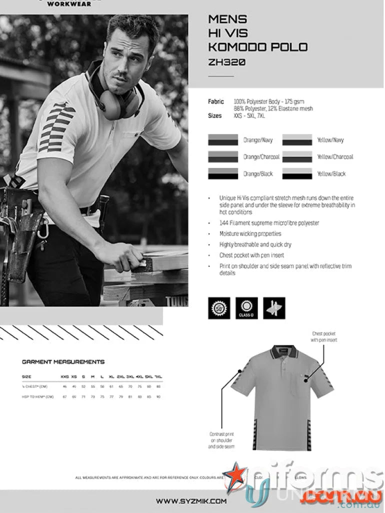 Syzmic Men’s Vis Komodo HiVis SS Sleeve Polo Zh320 for safety and style