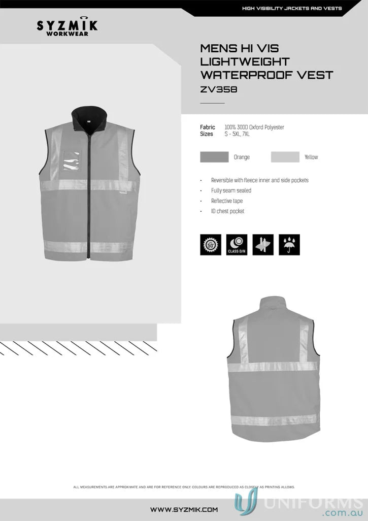 Men’s lightweight waterproof vest SYZMIC ZV358 Hi-Vis lined vest to stay dry