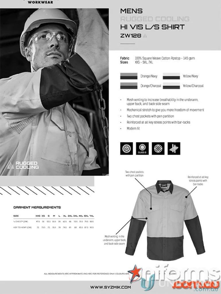 Men’s rugged cooling hi-vis long-sleeve work shirt showcasing stress point reinforcement in syzmik vis shirt zw128
