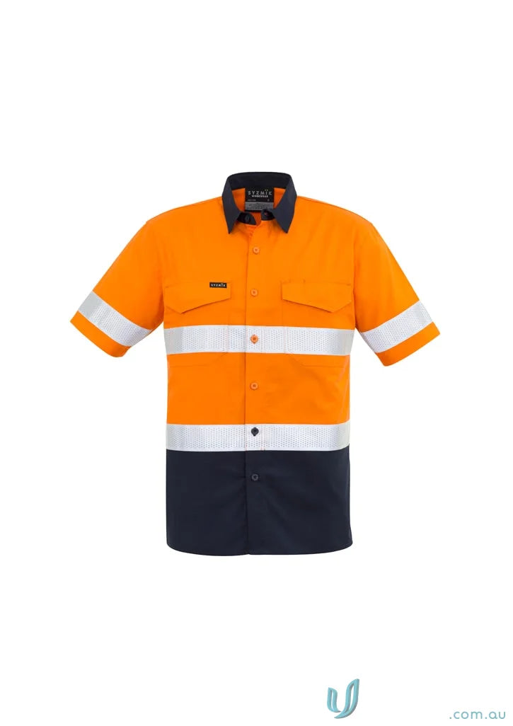 Orange and navy blue high-vis work shirt from Syzmik Men’s Rugged Vis Taped Short Sleeve Shirt Zw835