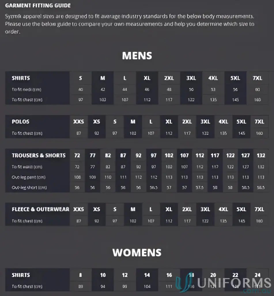 Apparel size guide for Szymic Unisex long sleeve polo ZH530 with Vis Segmented Tape