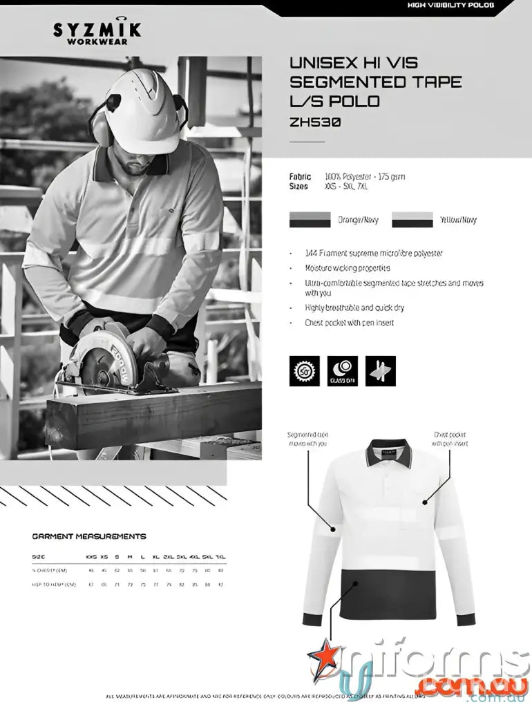 Syzmic Unisex HiVis Segmented Tape Long Sleeve Polo ZH530 for work safety