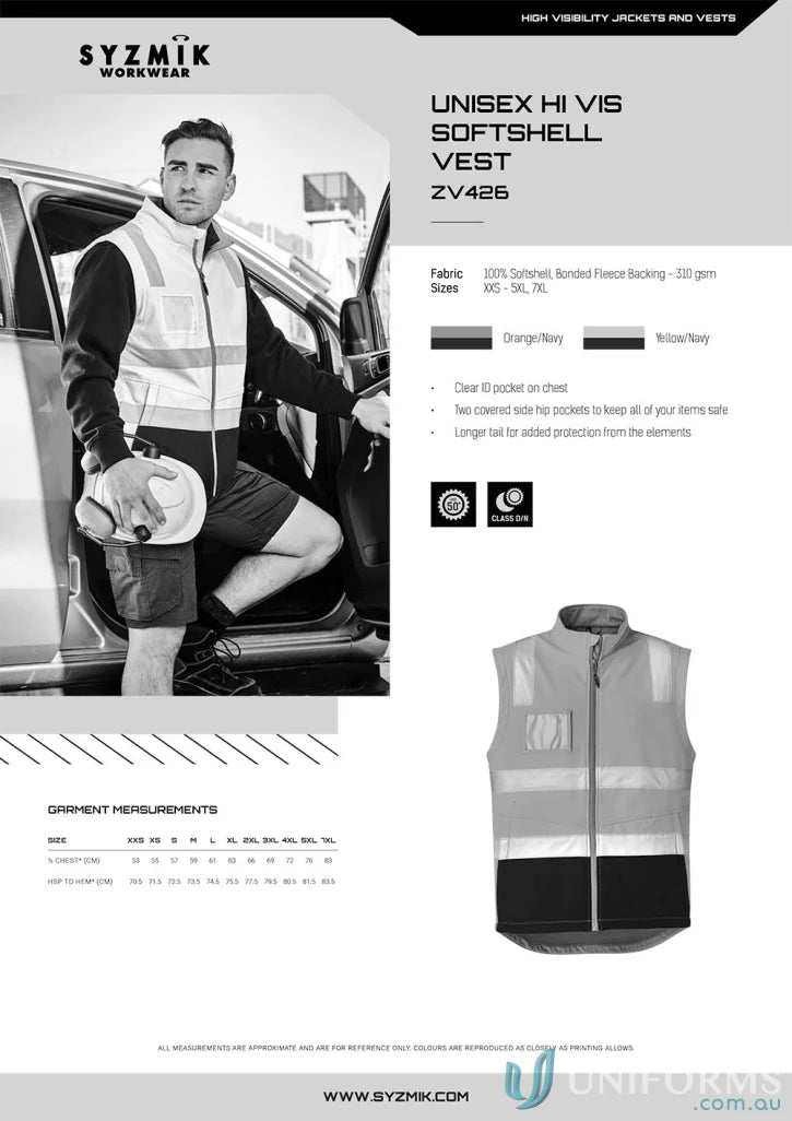 Syzmic Unisex HIVis Softshell Vest showcasing high-visibility work vest style