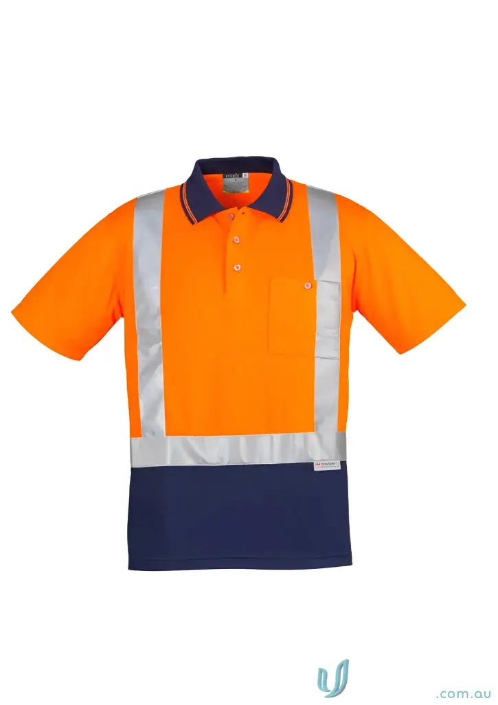 Orange and navy blue vis spliced short sleeve polo with reflective shoulder tape
