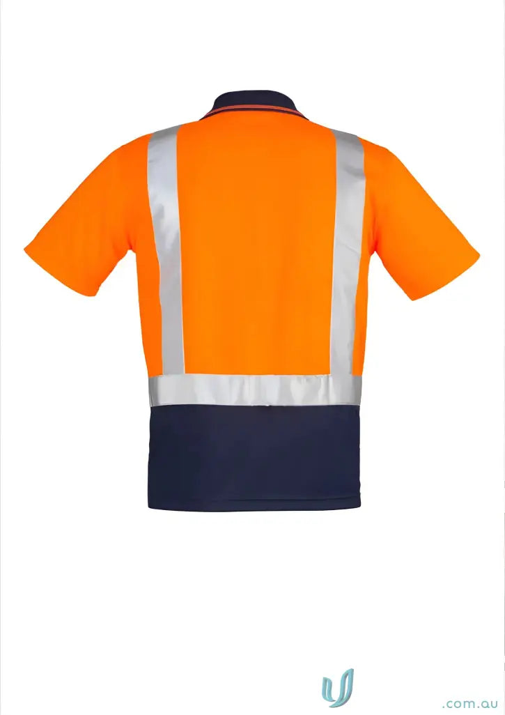 Orange and navy vis spliced short sleeve polo with reflective shoulder tape for safety