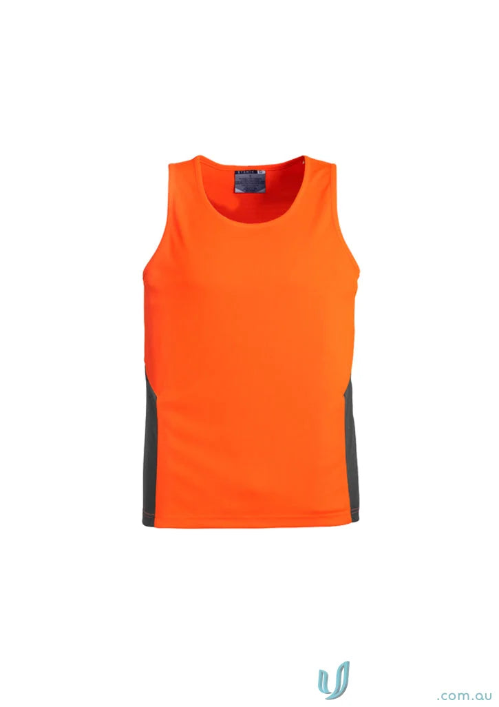 Orange and gray Syzmik Men’s HiVis Vis Squad Singlet made from highly breathable fabric