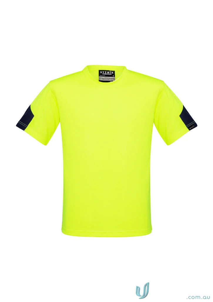 Neon yellow Syzmik Men’s Vis Squad Tee with dark blue accents for ultimate comfort