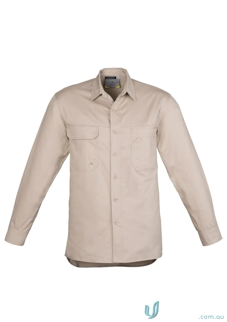 Beige Syymik men’s lightweight tradie long sleeve cotton twill shirt