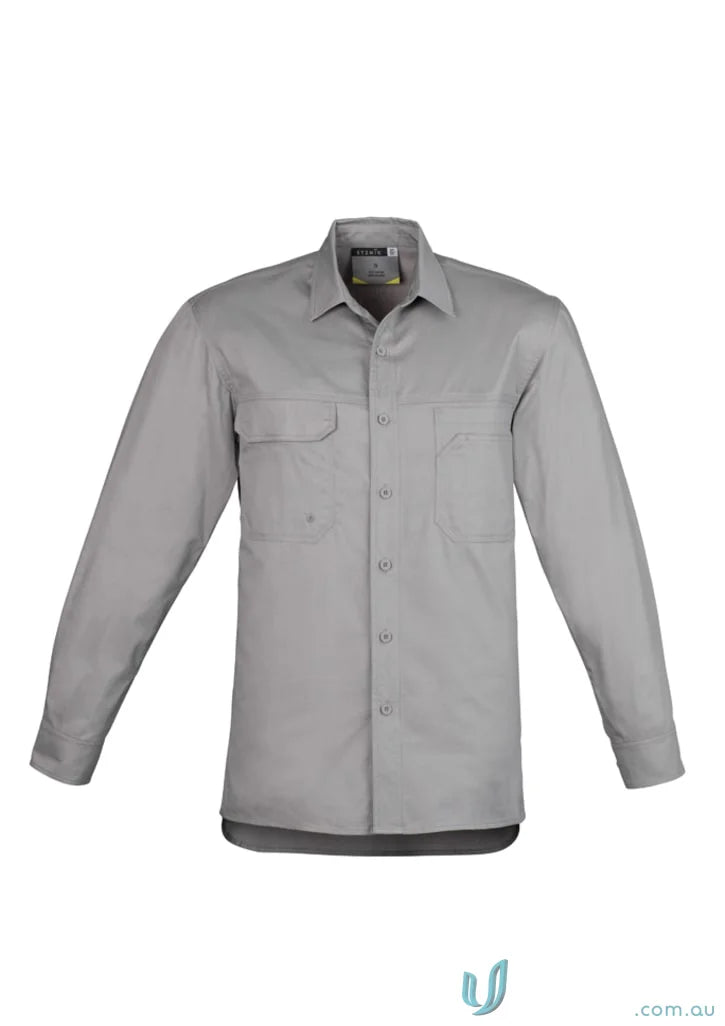 Gray Syzmik men’s lightweight tradie long sleeve cotton twill shirt for casual work wear