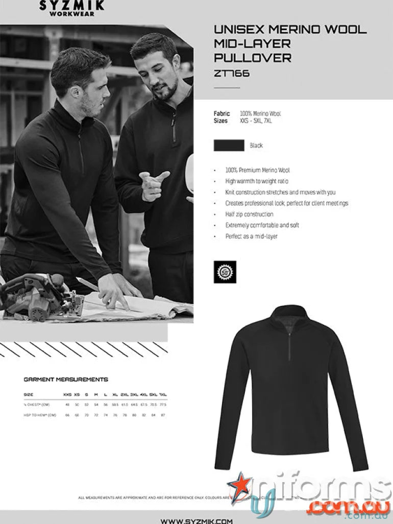 Black Syzmik Unisex Merino Wool Mid Layer Pullover for cozy warmth