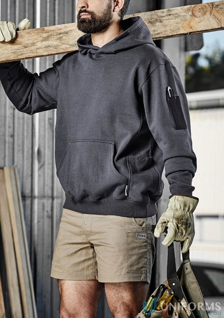 Construction worker in Syzmik Multi-Pocket Hoodie with reinforced stress points and soft fleece lining