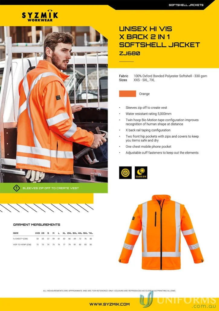 Orange hi-vis softshell jacket for work environment Syzmic RAIL BioMotion 2in1 zj680