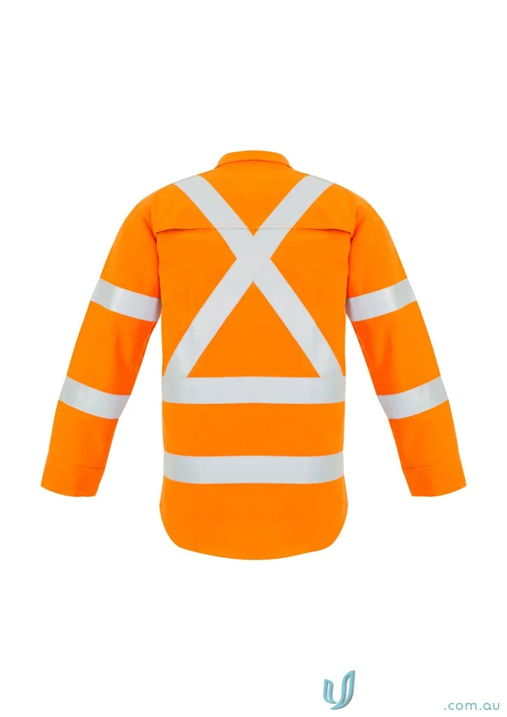 Orange safety jacket with reflective stripes from Syzmic RAIL HRC1 X Back Taped Shirt featuring syzmic red flame design