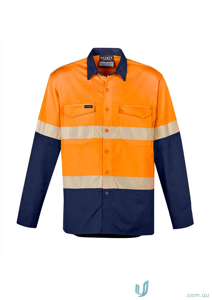 Orange and navy blue long-sleeved rugged workwear shirt with vis segmented tape for Syzmic Rugged Cooling HiVis Segmented Tape Shirt