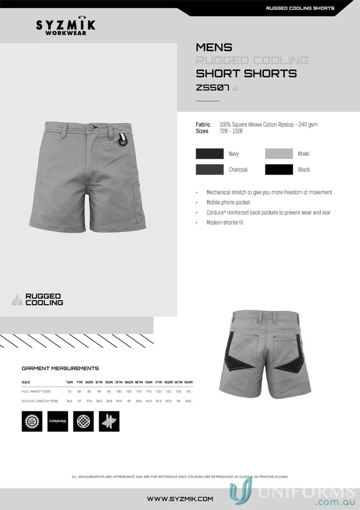 Men’s rugged cooling short shorts in square weave cotton for summer ZS507 style