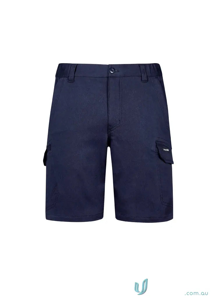 Navy blue Syzmic Streetworx Comfort Shorts with diamond-shaped crotch panel and large cargo pocket