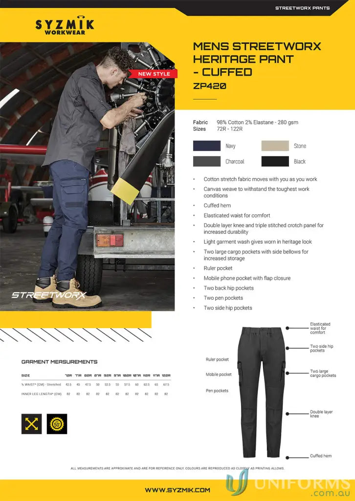 Men’s work pants ad showcasing Syzmic Streetworx Heritage Pant with triple-stitched crotch panel