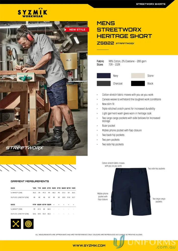 Men’s Streetworx Heritage Short in navy or black with stretch fabric and mobile phone pocket