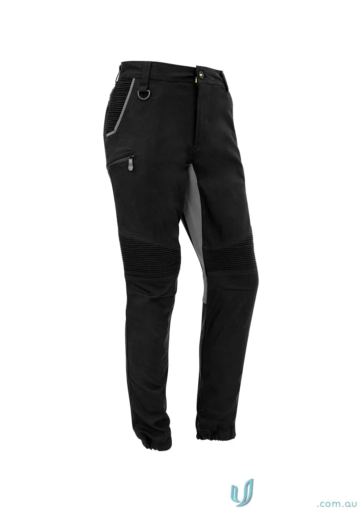 Black Syzmik Men’s Streetworx Stretch Pant with moto-style design and stretch pleating