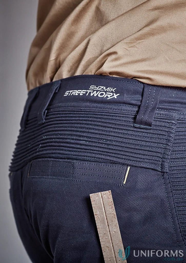 Dark blue ribbed motorcycle pants with four-way stretch crotch from Syzmic Streetworx Stretch Shorts