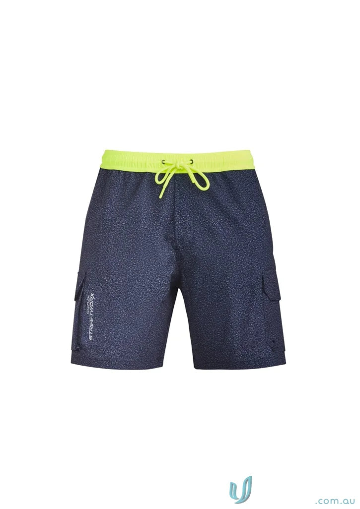 Navy blue Syzmik Men’s Streetworx board shorts with neon yellow waistband and drawstring