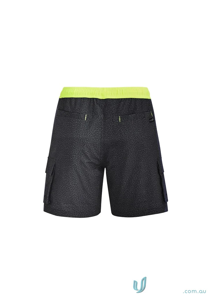 Syzmic Men’s Streetworx board shorts with black cargo design and neon yellow waistband