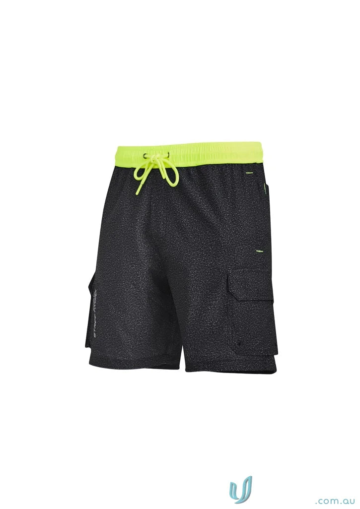 Black cargo shorts with neon yellow waistband from Syzmik Men’s Streetworx board shorts collection