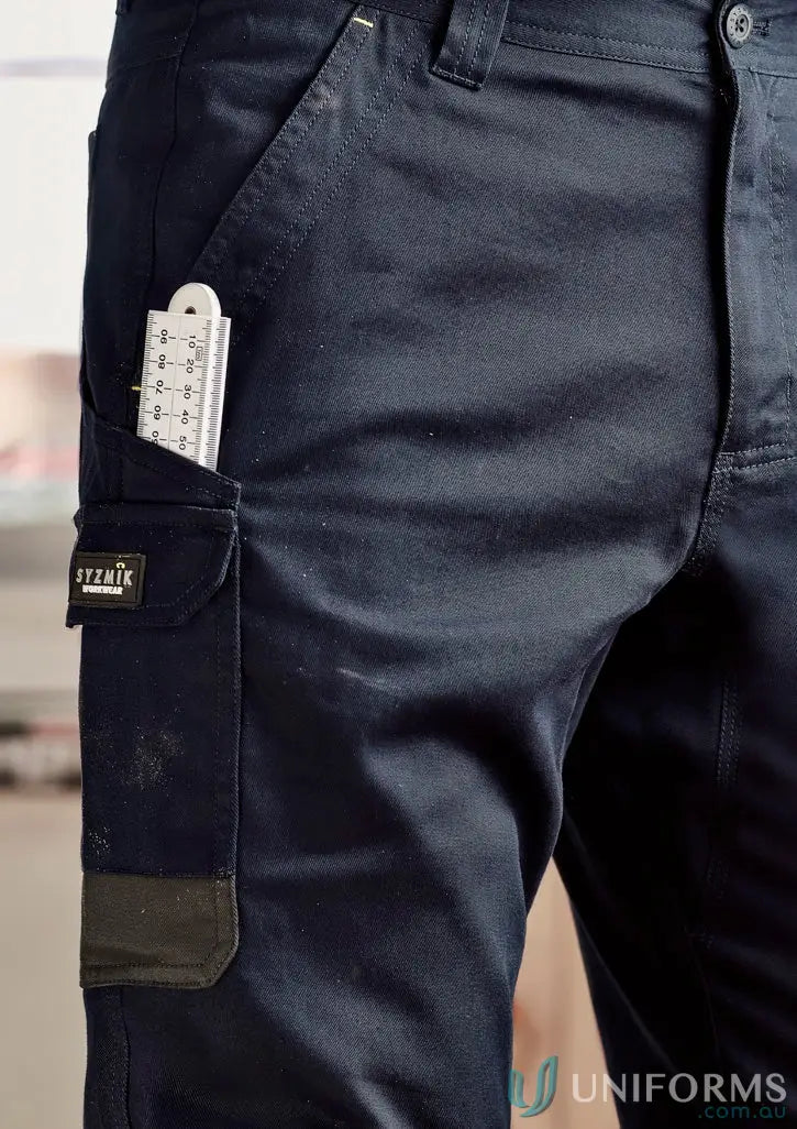 Dark blue Syzmik Men’s Summer Cargo Pant with side pocket holding ruler for long summer shifts