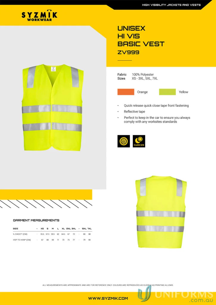 Yellow syzmic hi-vis basic vest zv999 with reflective tape for safety and visibility