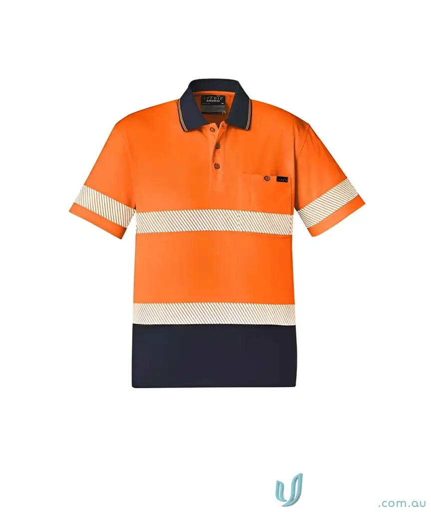 Orange and navy blue safety polo shirt with vis segmented tape, short sleeve polo zh535