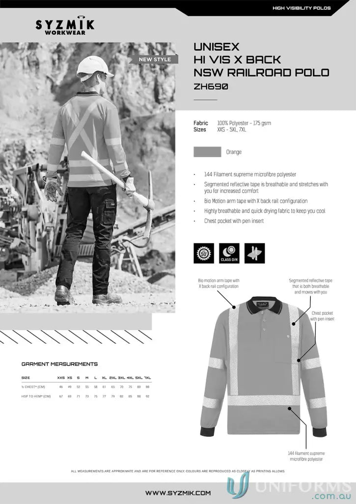 Unisex orange NSW Rail long HiVis Polo with segmented reflective tape for toughest workwear problems