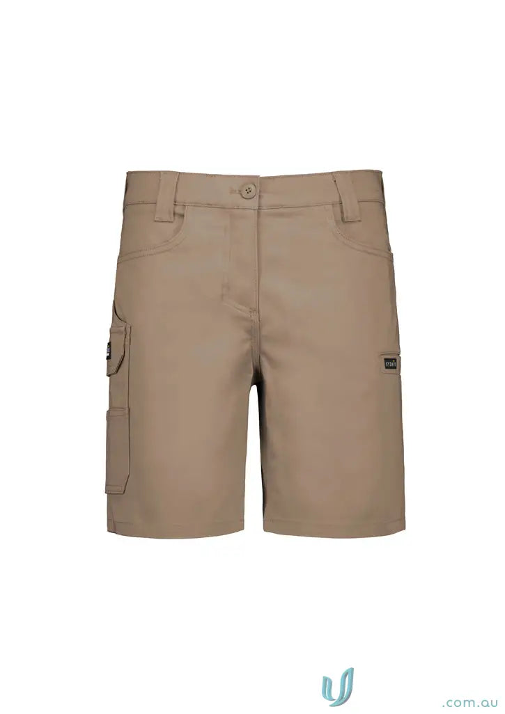 Khaki Syzmic womens essential stretch cargo shorts with sun protection and flattering fit