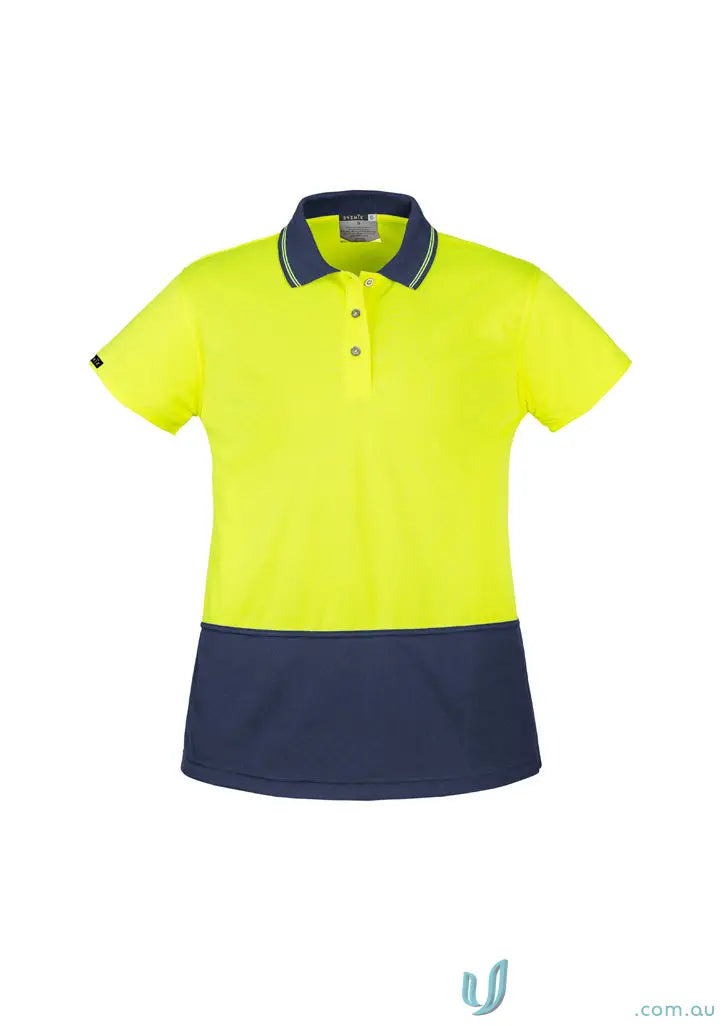 Two-tone safety polo shirt from Syzmik Women’s Fit, lightweight short sleeve, perfect for shop vis basic needs