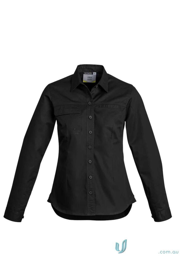 Black long-sleeved button-down Syzmik women’s lightweight tradie shirt with feminine fit and triple-stitched seams