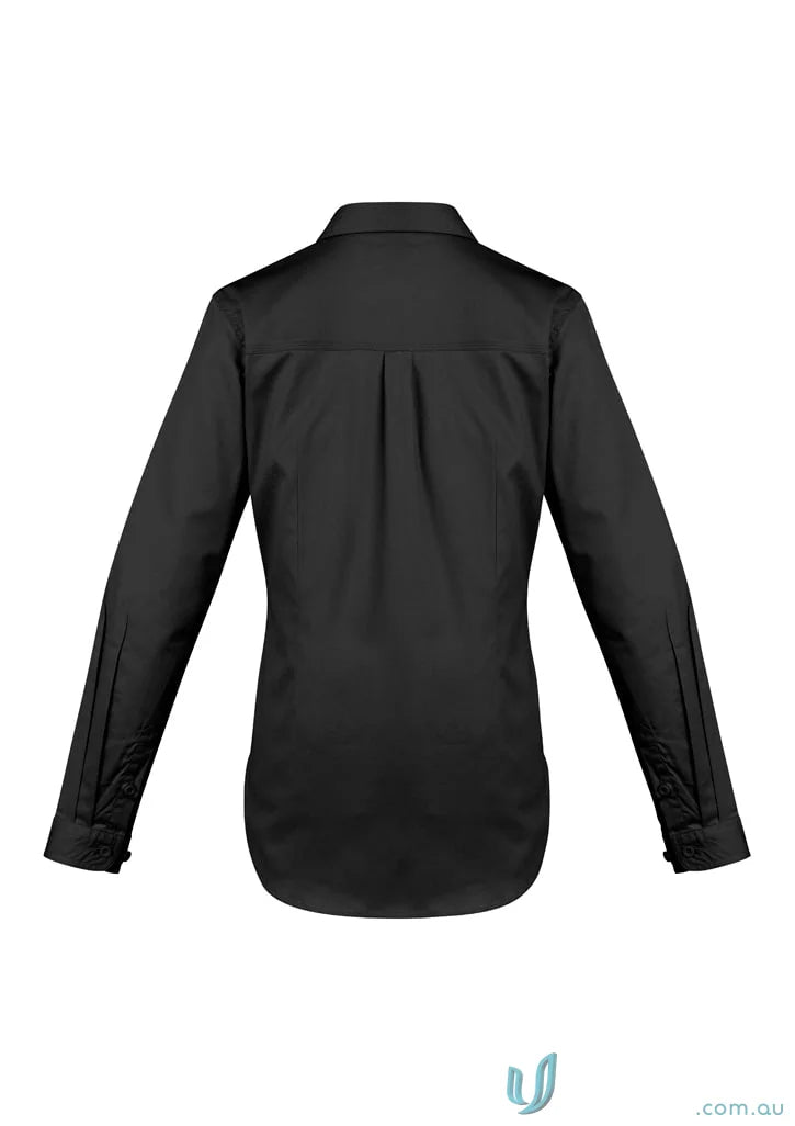 Black syzmik women’s lightweight long-sleeved Tradie Shirt with feminine fit and triple-stitched seams