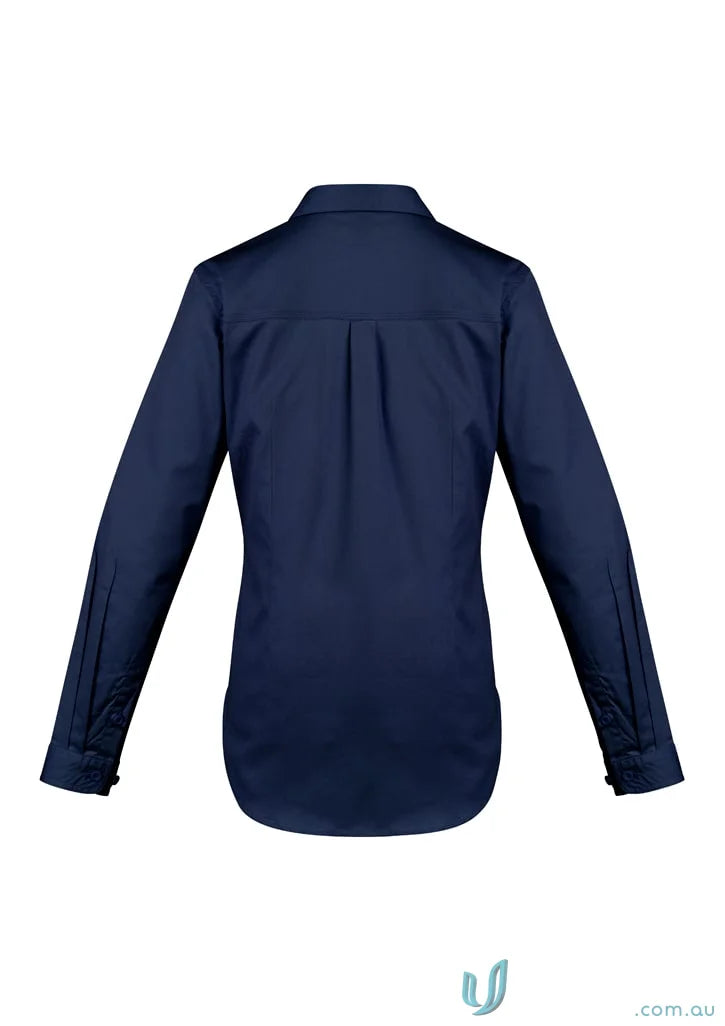 Navy blue Syzmic Womens Light Weight LS Tradie Shirt with feminine fit and triple-stitched seams