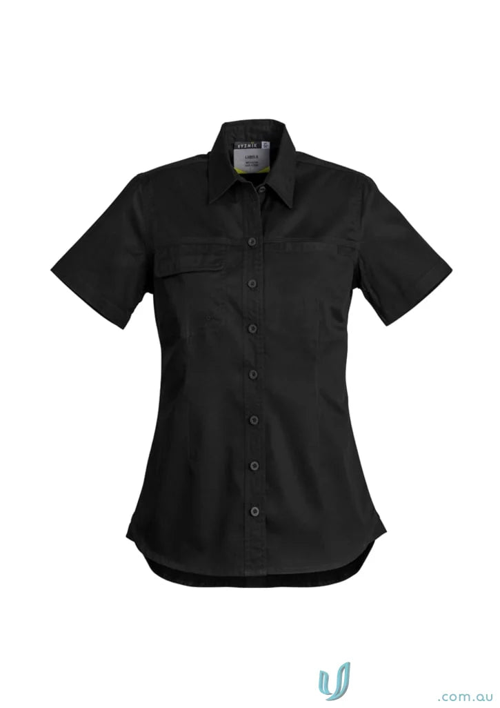 Black short-sleeved cotton twill women’s lightweight Syzmik women’s fit tradie shirt